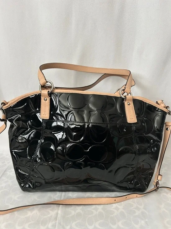 Coach Black Patent Leather w/ Tan Leather Trim Tote Shoulder Bag Purse ♥️♥️ - Picture 2 of 13
